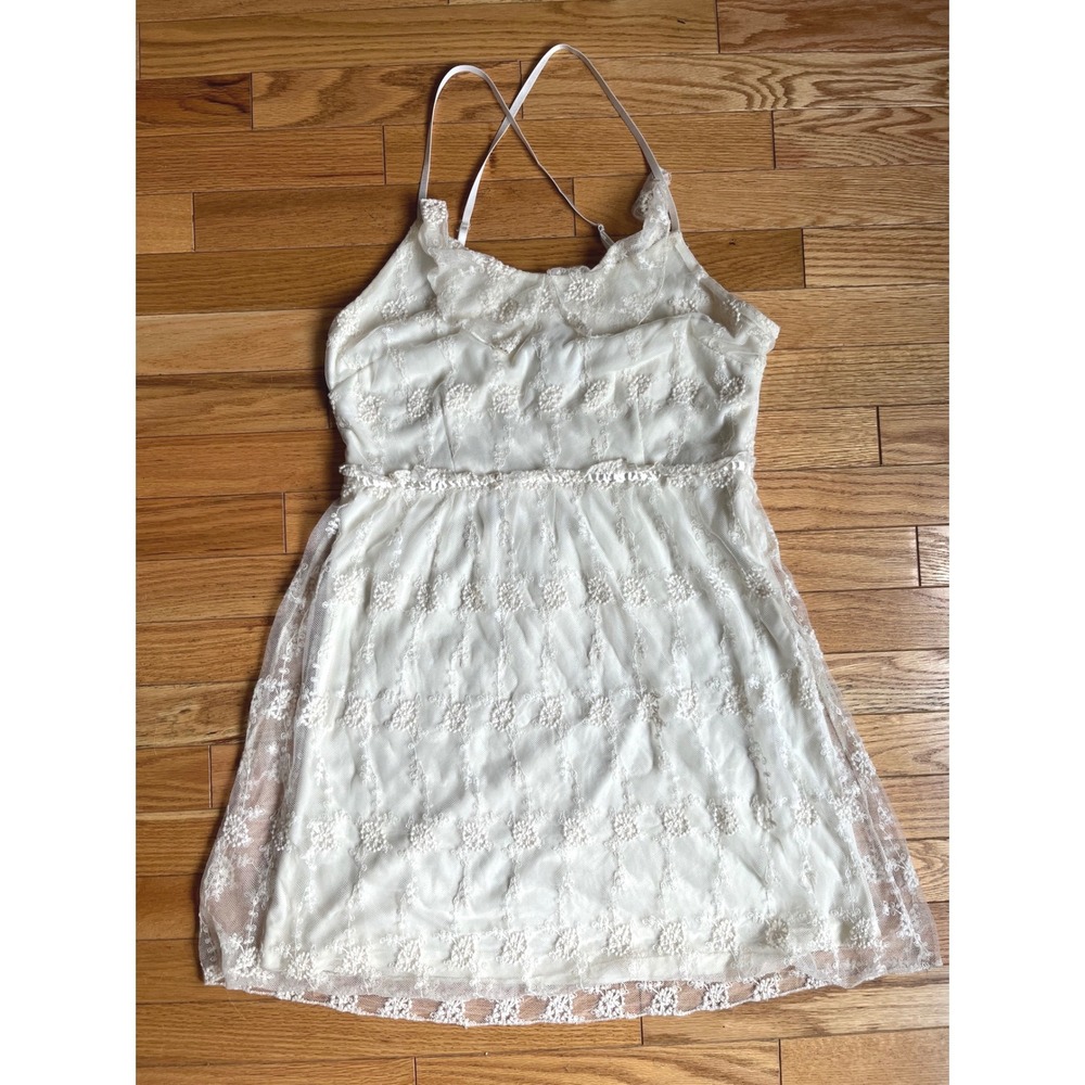 Pinky White Floral Lace Mesh Mini Dress Adjustable Cross Straps Size M/L Fairy